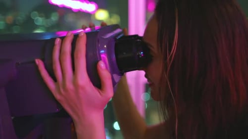 Closeup Woman Enjoy City View Binoculars Telescope