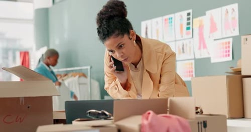 Fashion business and woman talking on smartphone with professional client connection in warehouse