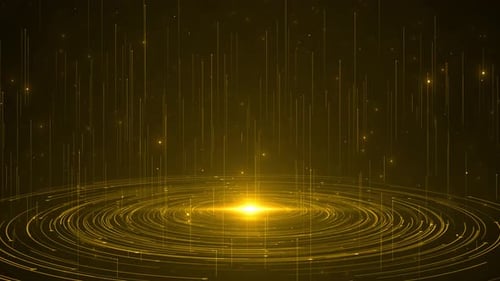 Futuristic Golden Particle Swirl and Rising Data Lines
