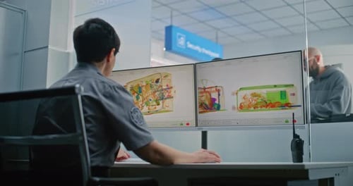 Security Officer Monitors Luggage X-Rays at Airport Checkpoint