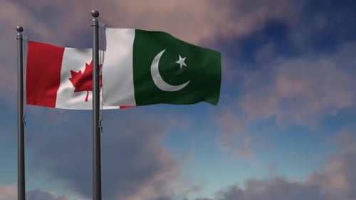 Flags of Canada and Pakistan Waving Loop with Changing Sky