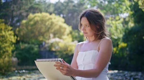 Inspired Woman Painting Lake Nature View Closeup Artist Relaxing Wild Jungles