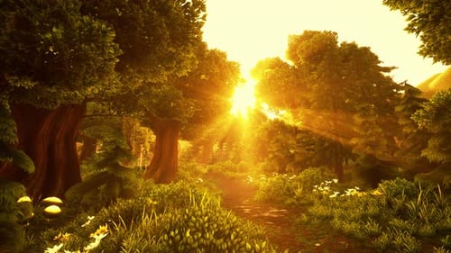Cartoon Flowering Green Forest on Sunset