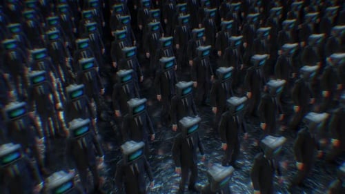 Crowd of Corporate Men with Retro TV Heads Glitch Effect