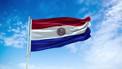 Paraguay National Flag Waving Animation on Blue Sky