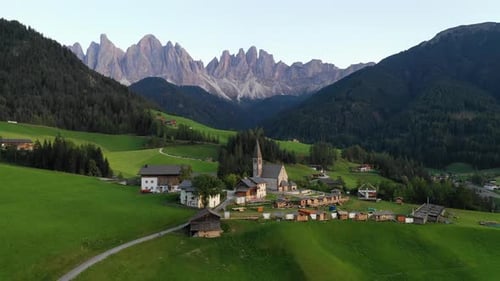 Santa Maddalena (Magdalena) village with majestic Gruppo delle Odle mountain range in the background