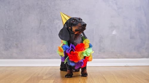 Festive Dachshund in Party Hat and Lei