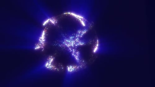 Futuristic glowing sphere made of scattered multicolored particles with radiant starbursts