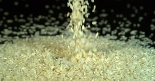 Riz tombant sur fond noir, slow motion 4K