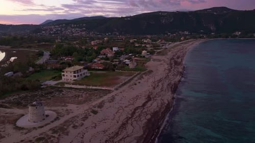 Aerial view of Lefkada Windmills at sunrise, Greece.