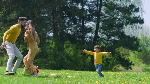 Family playing tag in the park on a sunny day