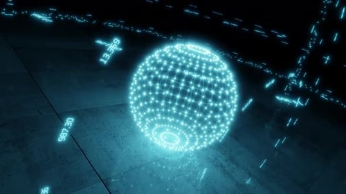 Futuristic background. Technological neon background. Rotation of the camera around a sphere with a