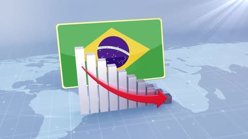Brazil Flag With Decrease Bar Chart Graph And Arrow Red