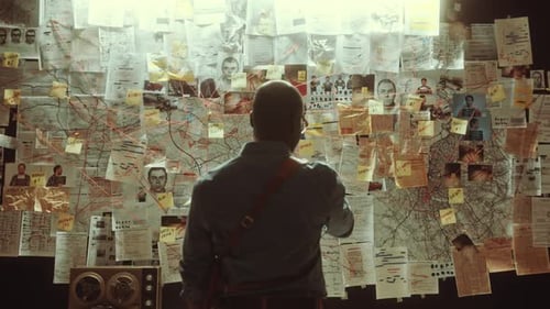 Thoughtful Detective Examining Clues on Evidence Board in Office