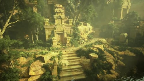 Une végétation luxuriante enveloppe les escaliers oubliés d'un temple au milieu de la brume et de la verdure