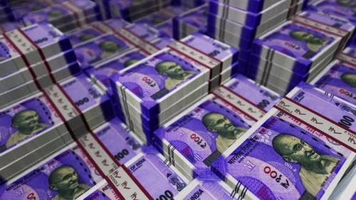 India Rupee 100 banknote packs - flying over INR money stack