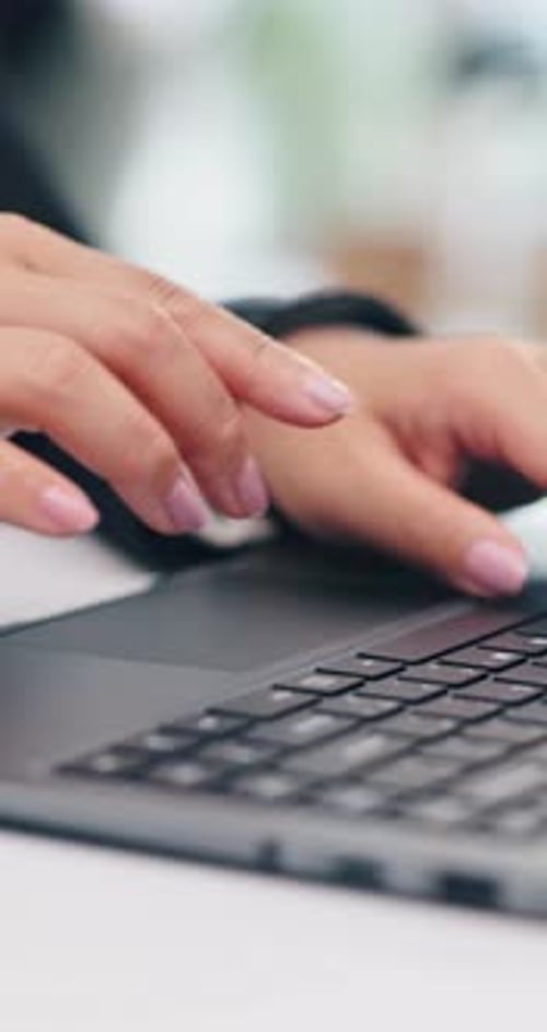 Business, employee and hands with laptop, typing and data entry of digital report or administration