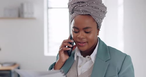African woman, phone call and office with report, documents and reading for finance