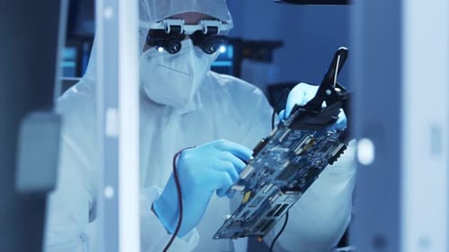 Professional Engineer is Developing a Modern Microprocessor in a Futuristic Laboratory Using
