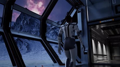 Astronaut Walks In Futuristic Sci Fi Base Hallway On Icy Planet 4