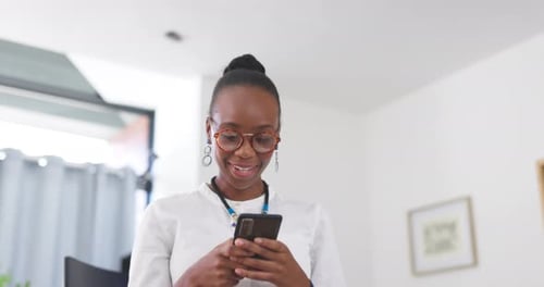 Black woman, phone and laughing for funny social media, meme or online post at the office