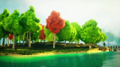 Colorful Cartoon Forest at Sunset