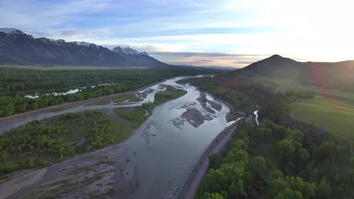 Gorgeous Drone View of Mountains and Green Forest by River 5 Above