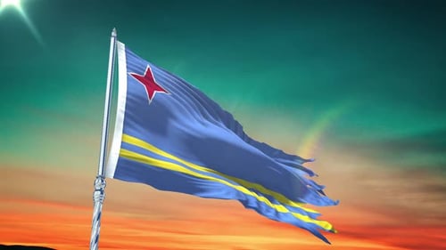 Realistic 3D Aruba Flag Waving against Beautiful Sunset Sky