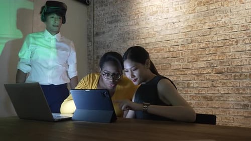 Employee work with vr simulator at office.