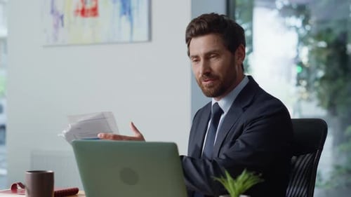 Business Coach Calling Video Chat in Light Office Closeup Businessman Talking