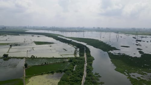 Aerial Drone shot of landscape of the land covered with water near new delhi.