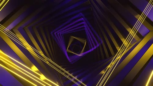 Violette und gelbe Bewegung spiralförmiger Neons durch den quadratischen Tunnelhintergrund VJ Loop in 4K