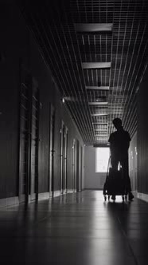 Silhouette of Female Janitor Coming in with Trolley