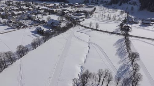 Aerial view of snow covered Ramsau am Dachstein during winter, Styria, Austria.