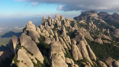 Aerial views of Montserrat peaks, a mountain range in Catalonia. Montserrat conglomerate crags