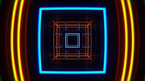 Orangefarbener und blauer quadratischer Neonlicht-Tunnelhintergrund VJ Loop In 4K