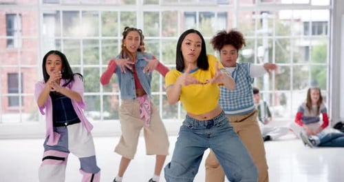 Dancing, friends and studio for hip hop, performance and movement practice for rehearsal together