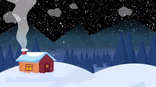 Cartoon Snowy Winter House Landscape Animation On Alpha Channel 4K
