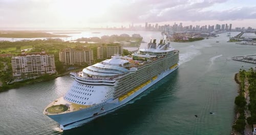 USA Travel Destination Miami Skyline with Ocean Cruise Liner Departing From Port Holiday Vacation