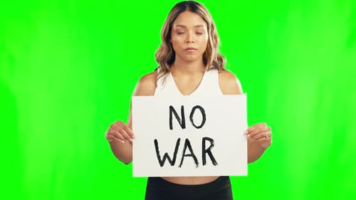 Serious woman, no war sign and billboard on green screen for protest or message on mockup