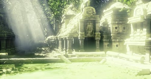 Éclairage Cinématographique mettant en valeur les ruines texturées et l'ambiance brumeuse