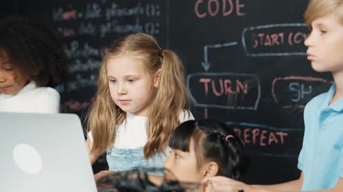 Girl using laptop programing engineering code and writing program. Erudition.