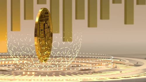 Golden Bitcoin rotating on bright financial technology charts