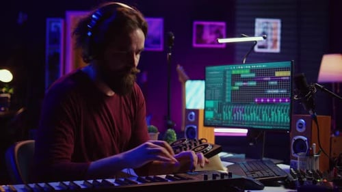 Man Working in Music Recording Home Studio at Night