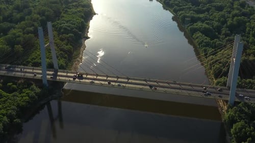 Aerial Drone Flight top down View of freeway busy city rush hour heavy traffic jam highway. Aerial v