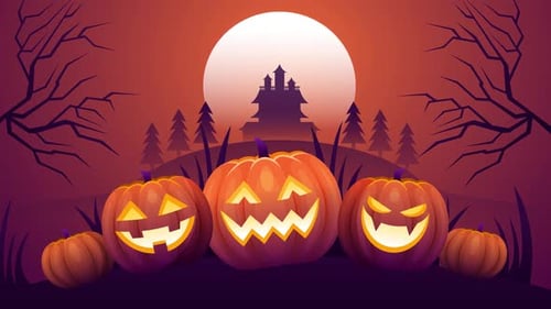 Animated Halloween Scene with Jack-o'-Lanterns and Haunted House