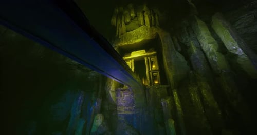 Mysterious Underground Chamber with Glowing Structures and Shadows