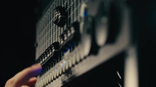 Soundboard Pads Station Closeup Sound Designer Use Digital Audio Mixer in Production Studio Sound