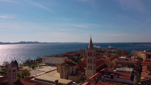 4K slow aerial tracking shot over the Old Town of Zadar, Croatia. Finishes with a gradual downward t
