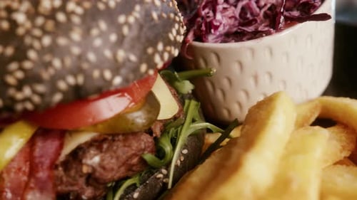 Juicy Burger with Black Bun and Fries